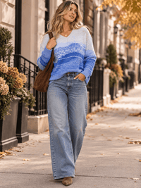 WOMEN'S LONG SLEEVE V-NECK KNIT PULLOVER COLORBLOCK SWEATER