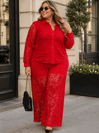 PLUS SIZE LONG SLEEVE BUTTON UP BLOUSE & ELASTIC WAIST WIDE LEG PANTS CROCHET 2PC. SET