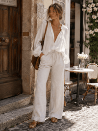 WOMEN'S BUTTON CLOSURE POCKETS ADJUSTABLE WAIST WIDE LEG LINEN PANTS
