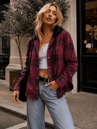 WOMEN'S LONG SLEEVE BUTTON CLOSURE FRONT POCKETS HOODED PLAID SHIRT