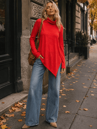 WOMEN'S LONG SLEEVE TURTLE NECK HIGH-LOW TOP