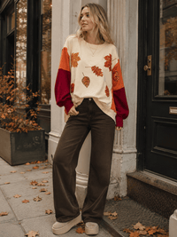 WOMEN'S LONG SLEEVE LEAF PRINT SEQUINS HIGH-LOW PULLOVER SWEATER