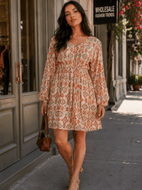 WOMEN'S LONG SLEEVE ELASTIC WAIST V-NECK MULTI PRINT MINI DRESS