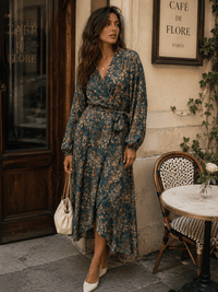 WOMEN'S LONG SLEEVE V-NECK SELF TIE LEAF PRINT WRAP MIDI DRESS