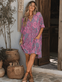 WOMEN'S SHORT SLEEVE V-NECK POCKETS TUNIC MULTI PRINT MINI DRESS
