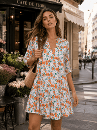 WOMEN'S SHORT SLEEVE V-NECK POCKETS FLORAL PRINT TUNIC MINI DRESS