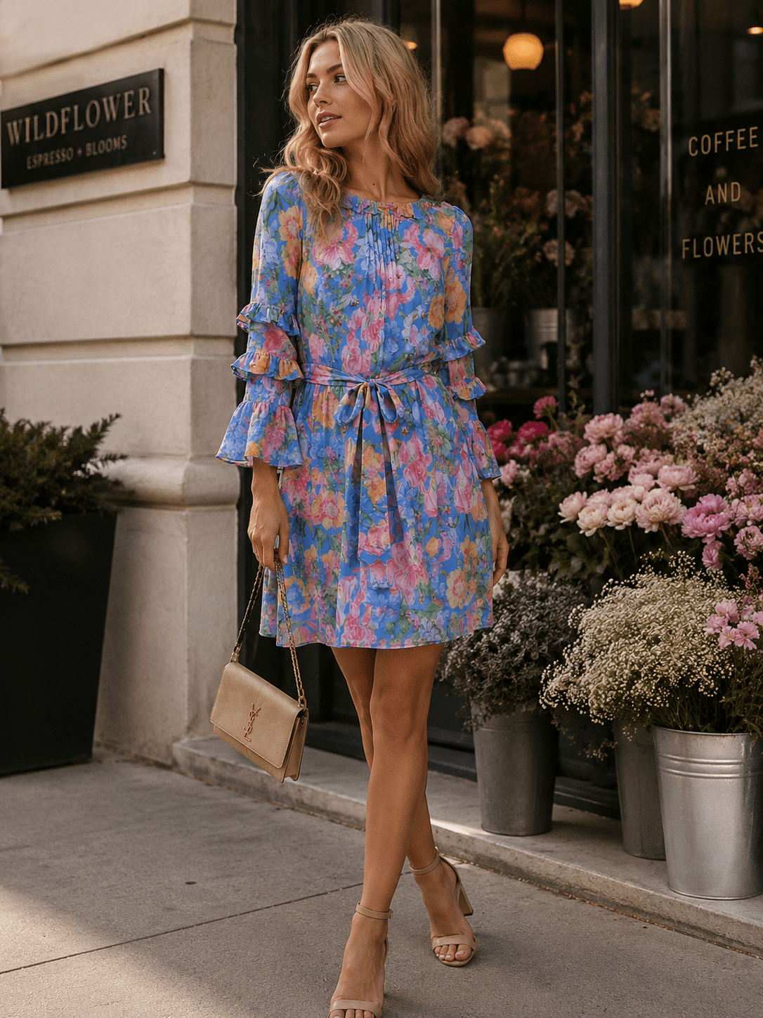 3/4 sleeve mini dress WOMEN'S RUFFLE SELF TIE FLORAL 4S-2M-2L Waist Inches:32 Dylan & Davids Short Designed for comfort and prom dresses with slits