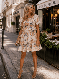 WOMEN'S SHORT SLEEVE ELASTIC WAIST TIERED FLORAL MINI DRESS