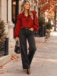 ENTRO WOMEN'S LONG SLEEVE V-NECK FLORAL PRINT BLOUSE