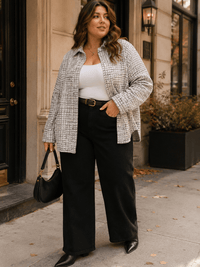 PLUS SIZE LONG SLEEVE BUTTON UP FRONT POCKETS SHIMMER TWEED JACKET