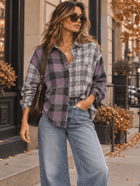 ENTRO WOMEN'S LONG SLEEVE V-NECK COLORBLOCK PLAID SHIRT