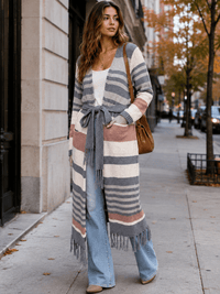 WOMEN'S LONG SLEEVE OPEN FRONT SELF TIE COLORBLOCK KNIT CARDIGAN