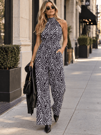 WOMEN'S SLEEVELESS HALTER NECK ELASTIC WAIST WIDE LEG ZEBRA PRINT JUMPSUIT