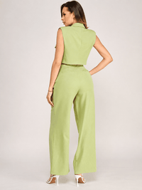 WOMEN'S SLEEVELESS BUTTON CLOSURE BLOUSE & BUTTON CLOSURE POCKETS WIDE LEG PANTS 2PC. SET
