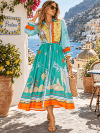 WOMEN'S 3/4 SLEEVE BUTTON UP SELF TIE MULTI PRINT MIDI DRESS
