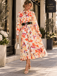 WOMEN'S LONG SLEEVE BUTTON UP BRLTED FLORAL MAXI DRESS