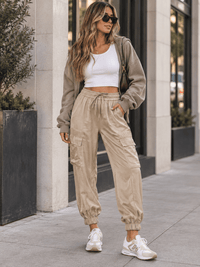 WOMEN'S ELASTIC WAIST CARGO POCKETS JOGGER LEG PANTS