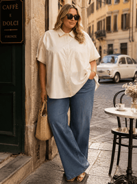 ENTRO PLUS SIZE SHORT SLEEVE BUTTON UP FRONT POCKET PU CONTRAST BLOUSE