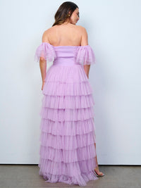 WOMEN'S OFF SHOULDER SMOCK TIERED RUFFLE HIGH-LOW MAXI DRESS
