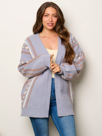 WOMEN'S LONG SLEEVE OPEN FRONT POCKETS MULTI PRINT CARDIGAN