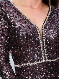 WOMEN'S LONG SLEEVES V-NECK BODYCON SEQUINS MIDI DRESS