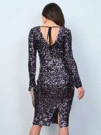 WOMEN'S LONG SLEEVES V-NECK BODYCON SEQUINS MIDI DRESS