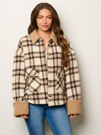 WOMEN'S LONG SLEEVE BUTTON UP POCKETS SHERPA PLAID JACKET