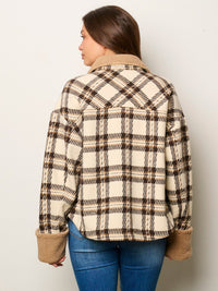 WOMEN'S LONG SLEEVE BUTTON UP POCKETS SHERPA PLAID JACKET