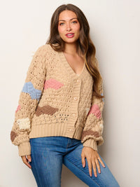 WOMEN'S LONG SLEEVE BUTTON UP COLORBLOCK KNIT SWEATER