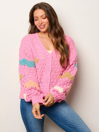 WOMEN'S LONG SLEEVE BUTTON UP COLORBLOCK KNIT SWEATER
