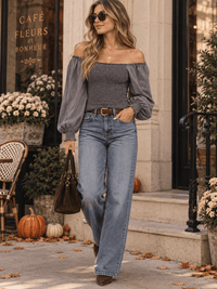 WOMEN'S LONG SLEEVE OFF SHOULDER SMOCK BLOUSE