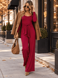 WOMEN'S LONG SLEEVE SELF TIE WIDE LEG RIBBED JUMPSUIT