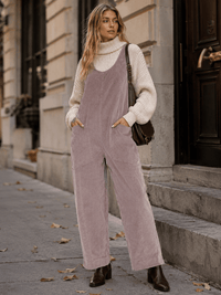 WOMEN'S SLEEVELESS FRONT POCKETS WIDE LEG CORDUROY JUMPSUIT