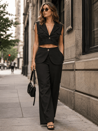 WOMEN'S SLEEVELESS BUTTON CLOSURE BLOUSE & BUTTON CLOSURE POCKETS WIDE LEG PANTS 2PC. SET