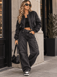 WOMEN'S LONG RUCHED SLEEVE ZIPPER CLOSURE POCKETS BOMBER JACKET