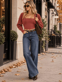 WOMEN'S SLEEVELESS CROP TOP & LONG SLEEVE OPEN FRONT CARDIGAN RIBBED 2PC. SET TOP