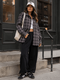 WOMEN'S LONG SLEEVE BUTTON UP FRONT POCKET PLAID JACKET