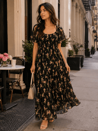 WOMEN'S SHORT SLEEVE SMOCK RUFFLE TIERED FLORAL MAXI DRESS