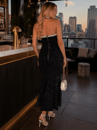 JUST ME WOMEN'S SLEEVELESS HALTER NECK OPEN BACK PEARL SEQUINS BODYCON MAXI DRESS