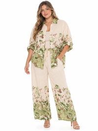 PLUS SIZE 3/4 SLEEVE BUTTON UP BLOUSE & ELASTIC WAIST WIDE LEG PANTS FLORAL 2PC. SET