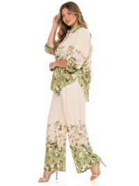 PLUS SIZE 3/4 SLEEVE BUTTON UP BLOUSE & ELASTIC WAIST WIDE LEG PANTS FLORAL 2PC. SET