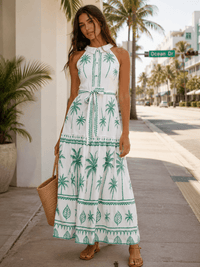 WOMEN'S SLEEVELESS HALTER NECK SELF TIE MULTI PRINT MAXI DRESS