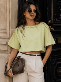 WOMEN'S SHORT SLEEVE STUDS NECK TRIM BACK BUTTON UP LINEN BLOUSE