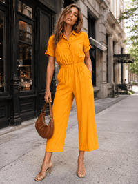 WOMEN'S SHORT SLEEVE BUTTON UP POCKETS WIDE LEG JUMPSUIT