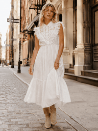 WOMEN'S SLEEVELESS BUTTON UP ELASTIC WAIST TIERED CROCHET MAXI DRESS
