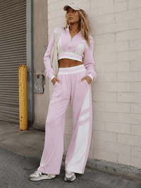 WOMEN'S LONG SLEEVE CROP JACKET & ELASTIC WAIST WIDE LEG PANTS COLORBLOCK 2PC. SET