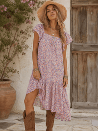 WOMEN'S SHORT SLEEVE SQUARE NECK FRONT POCKETS TUNIC FLORAL MIDI DRESS