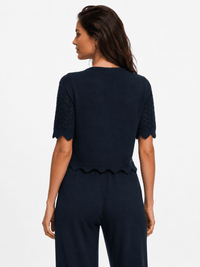 WOMEN'S SHORT SLEEVE FRONT TIE CROCHET RIBBED TOP