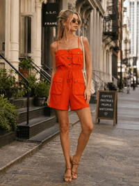 WOMEN'S SLEEVELESS BUTTON UP POCKETS ELASTIC WAIST LINEN ROMPER