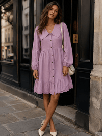 WOMEN'S LONG SLEEVE V-NECK BUTTON UP FRONT POCKETS MIDI DRESS